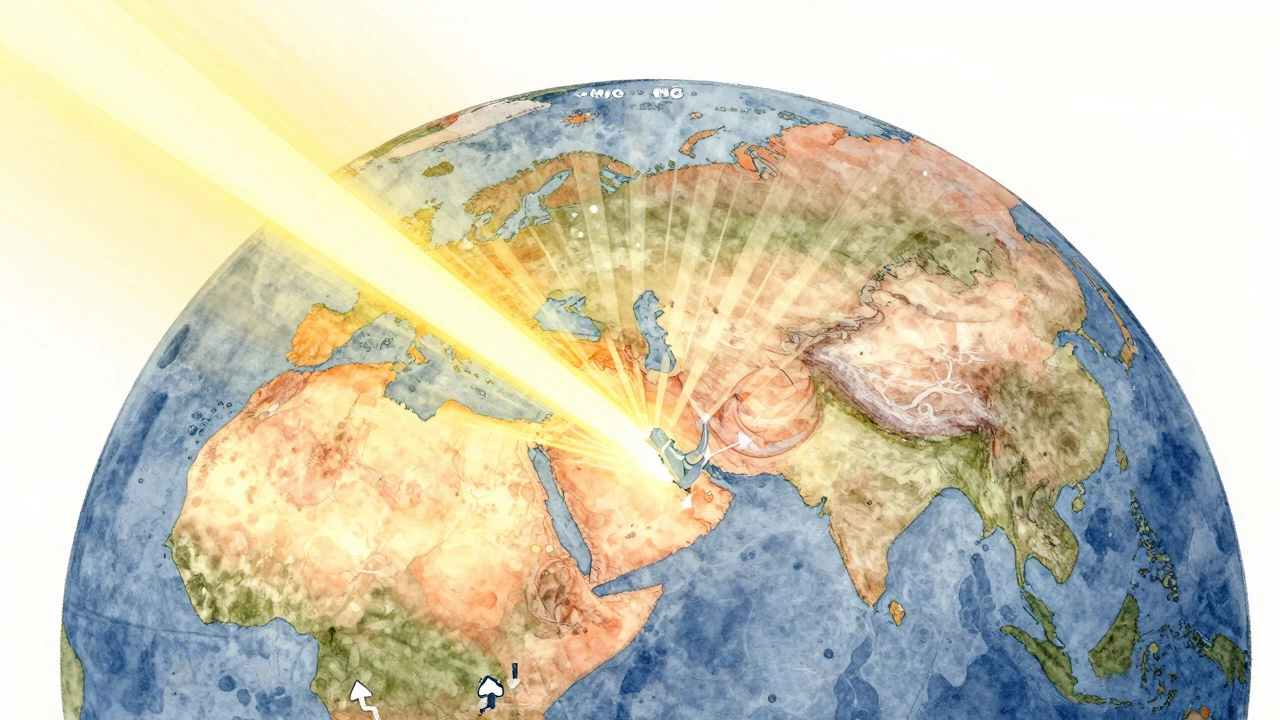 Земной шар с прямыми лучами на экваторе и наклонными — в умеренных широтах.