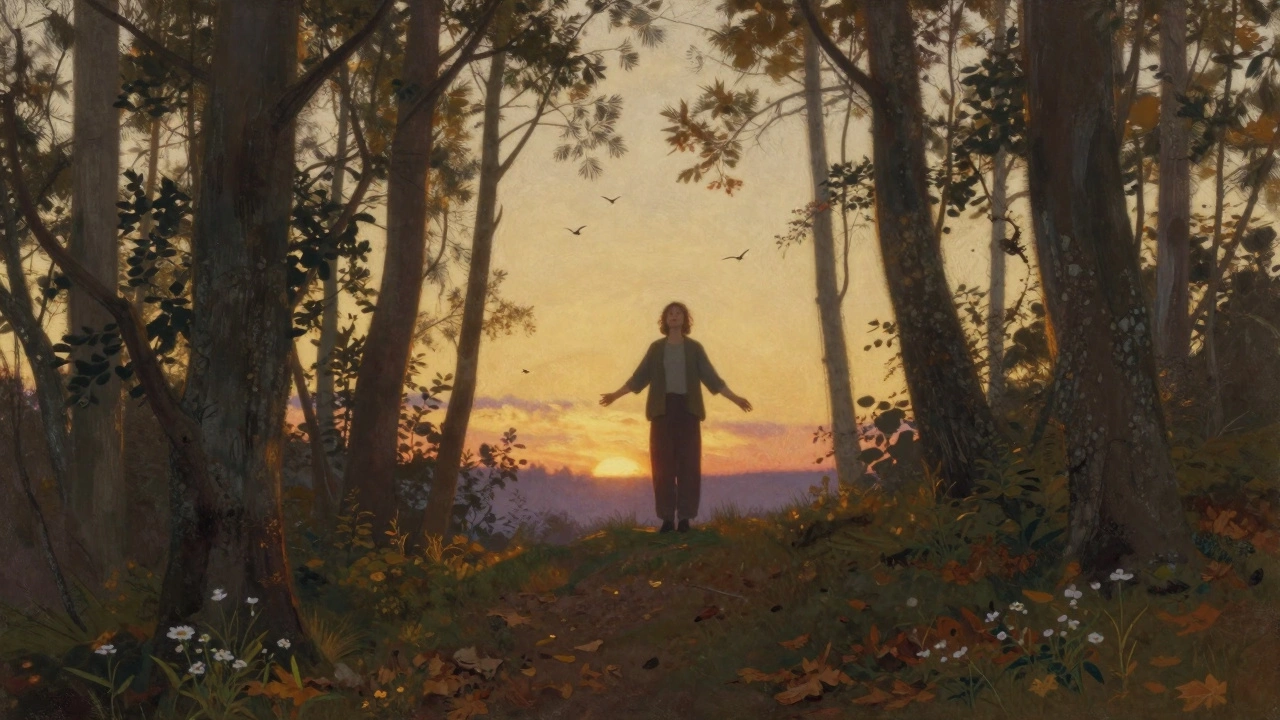 Человек стоит на лесном холме на закате, глаза закрыты, окружён деревьями, золотистый свет окутывает его.