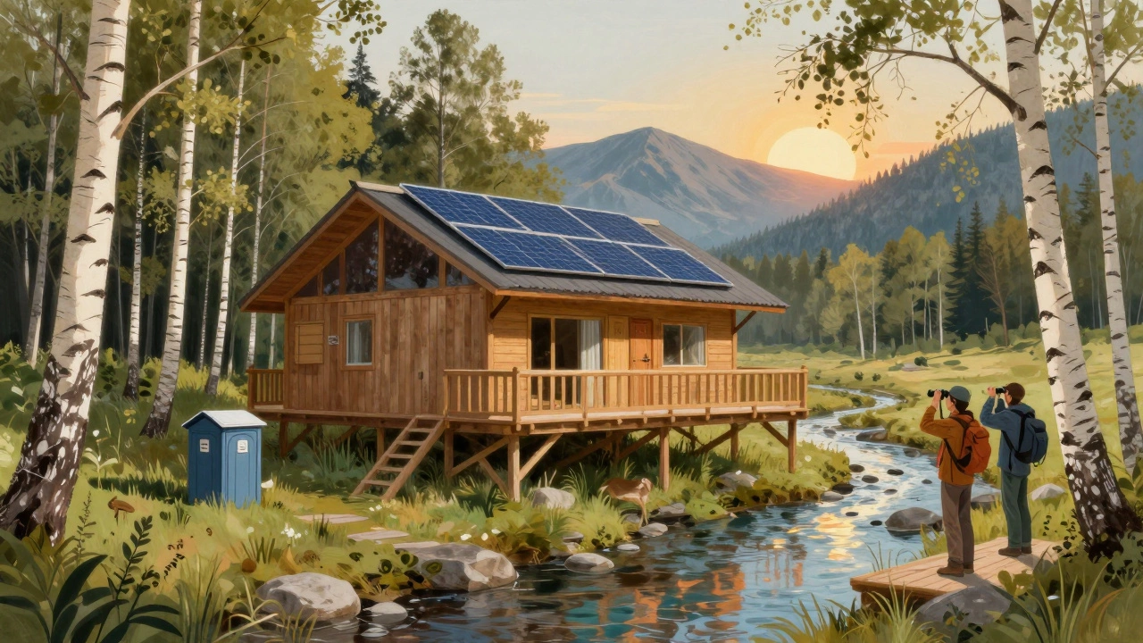 Экологический гостевой дом на сваях в национальном парке с солнечными панелями и наблюдательной площадкой.