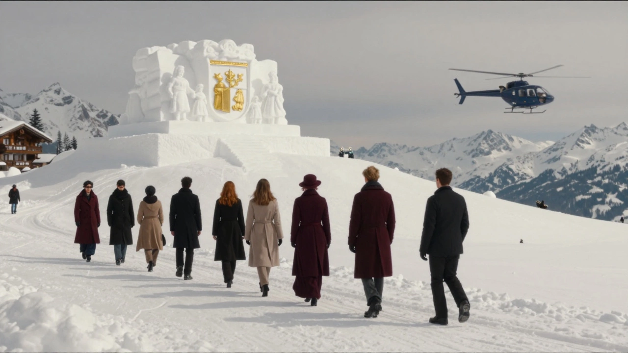 Группа элитных лыжников с личным гидом катается по эксклюзивной трассе в Куршевеле.