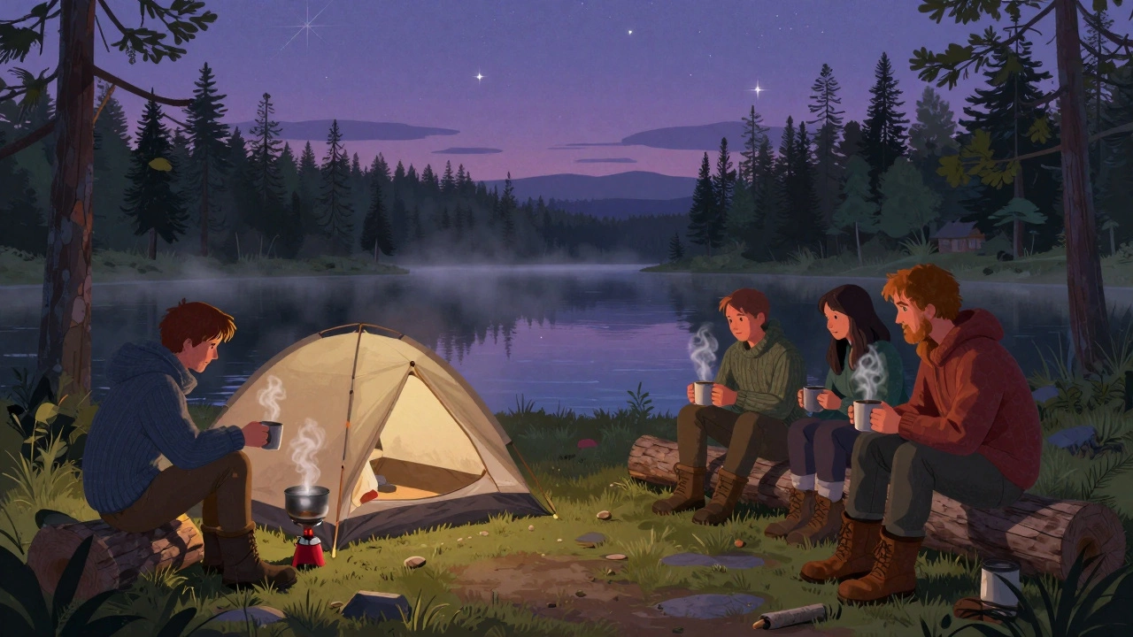 Группа туристов устанавливает палатку у озера в тайге, готовит еду на газовой горелке на закате.