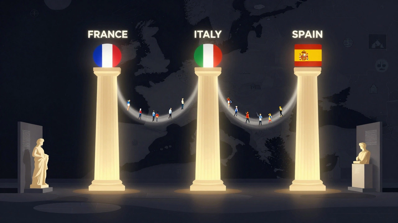 Концептуальная карта Европы: три главные туристические страны светятся потоками посетителей.