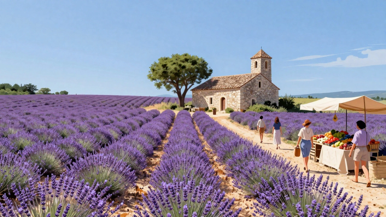 Лавандовые поля Прованса в июне, с фермерским рынком и каменным домом на фоне синего неба.