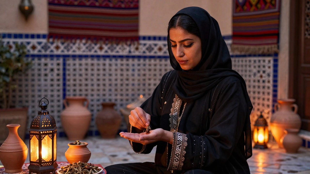 Марокканка наносит аргановое масло в дворике при свете фонарей, с керамическими сосудами вокруг.