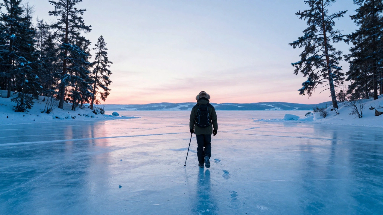 Одинокий путник идёт по ледяной поверхности Байкала на рассвете, следы в снегу, синий лёд и сосны на фоне.