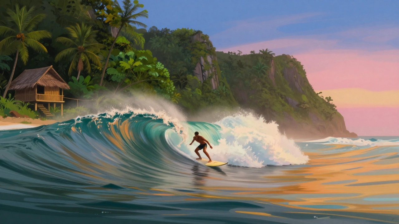 Одинокий серфер на идеальной волне в Ментавайских островах, рассвет над джунглями, никого вокруг.