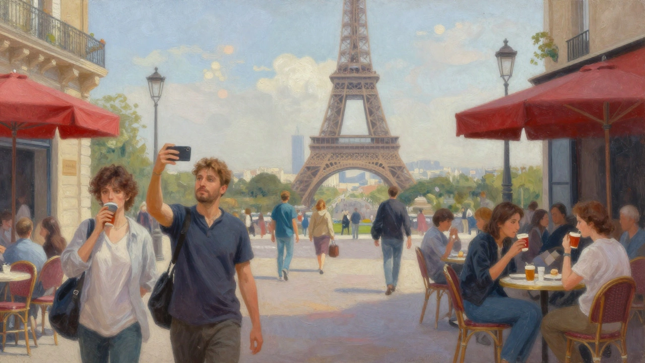 Париж у Эйфелевой башни: туристы у кафе, размытые силуэты, мягкий свет заката.