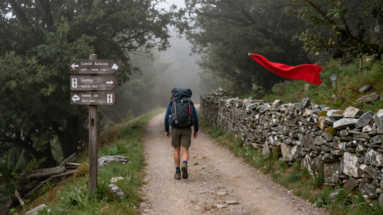 Пешеходный путь Святого Якова в Пиренеях: одинокий путешественник среди тумана и древних стен.