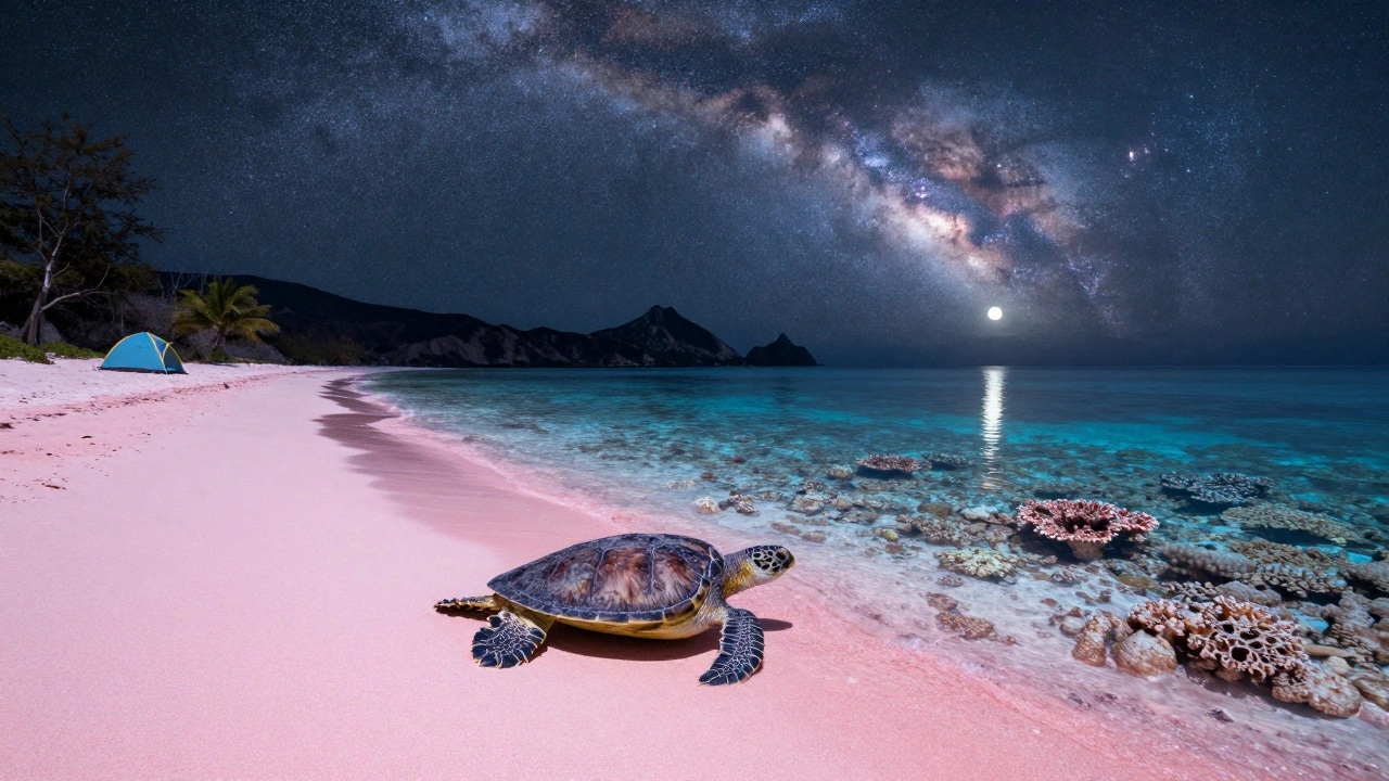 Розовый пляж на Комодо с морскими черепахами в кристально чистой воде и ночным звездным небом над кемпингом.