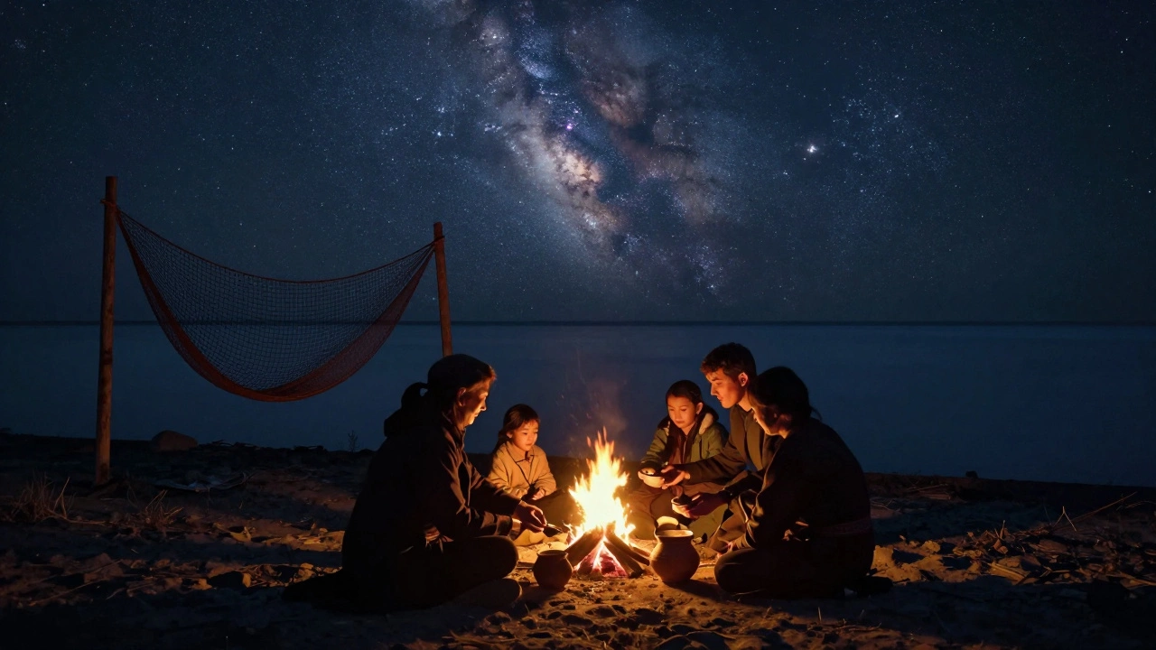 Семья у костра на берегу Каспия ночью, звёздное небо и старая рыболовная сеть на фоне.