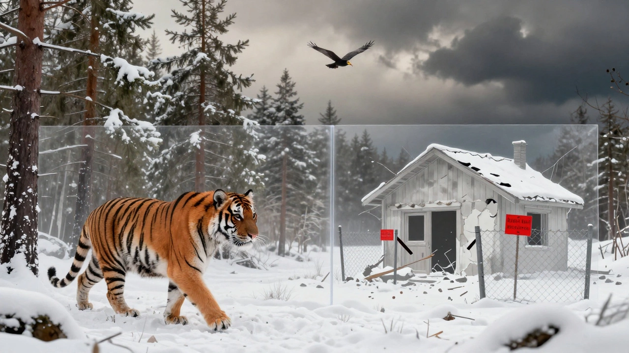 Символическое изображение заповедника и снесённого незаконного строения, тигр в дикой природе против разрушенного дома.