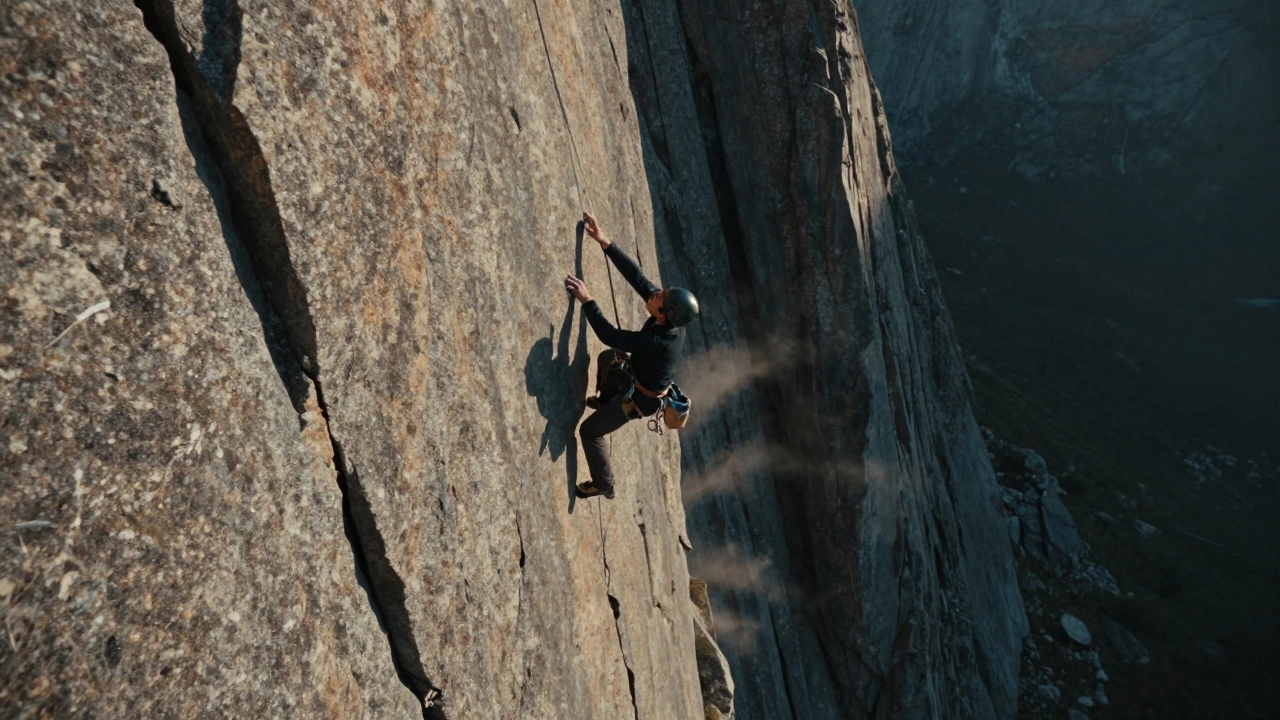 Скалолаз без страховки поднимается по отвесной скале в Бурятии.