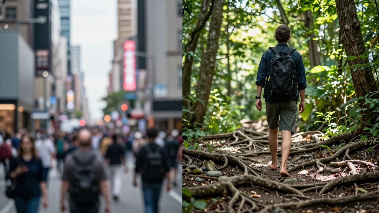 Сравнение городской суеты и тихого лесного пути — один человек, две реальности: экраны и природа.