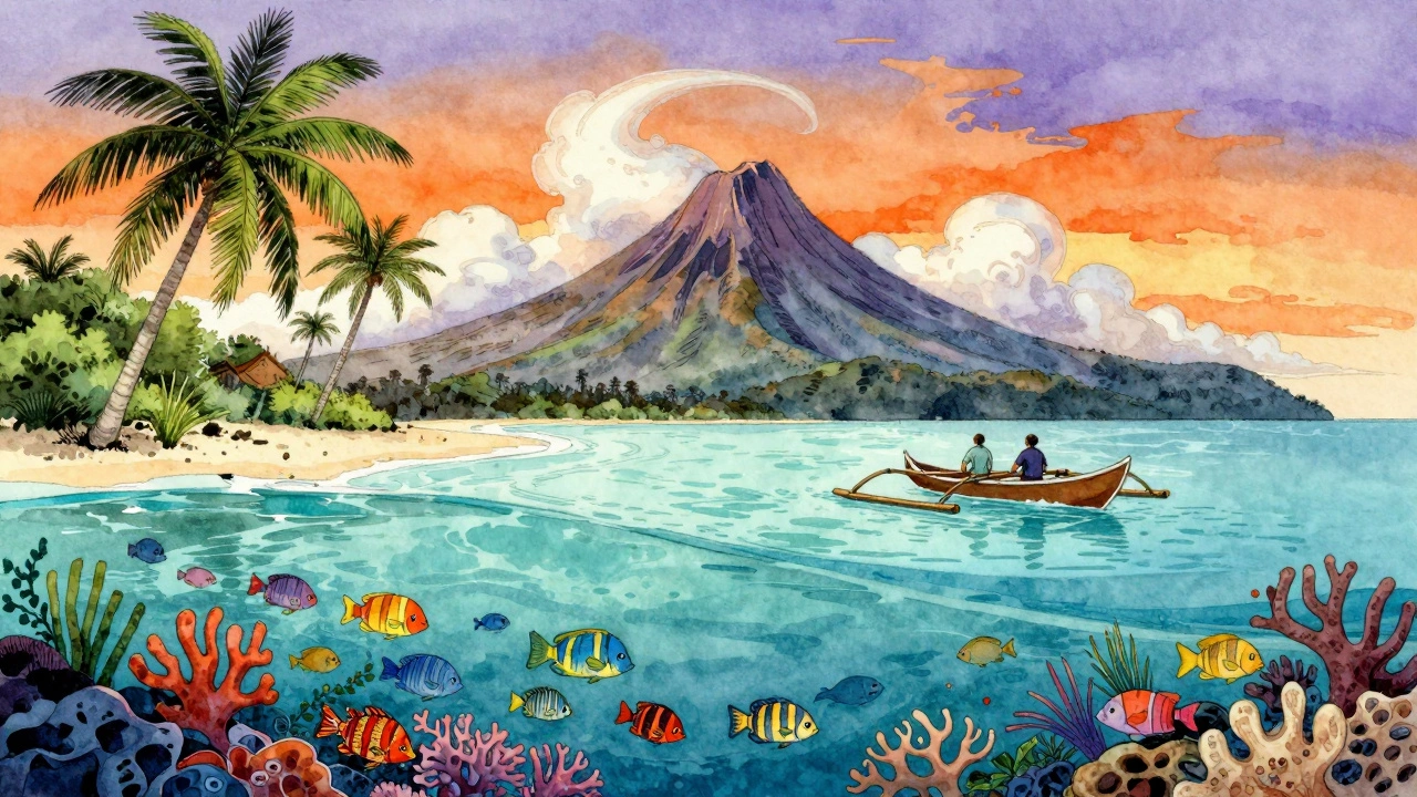 Тропический остров с коралловым рифом, вулканом и каноэ на фоне заката.