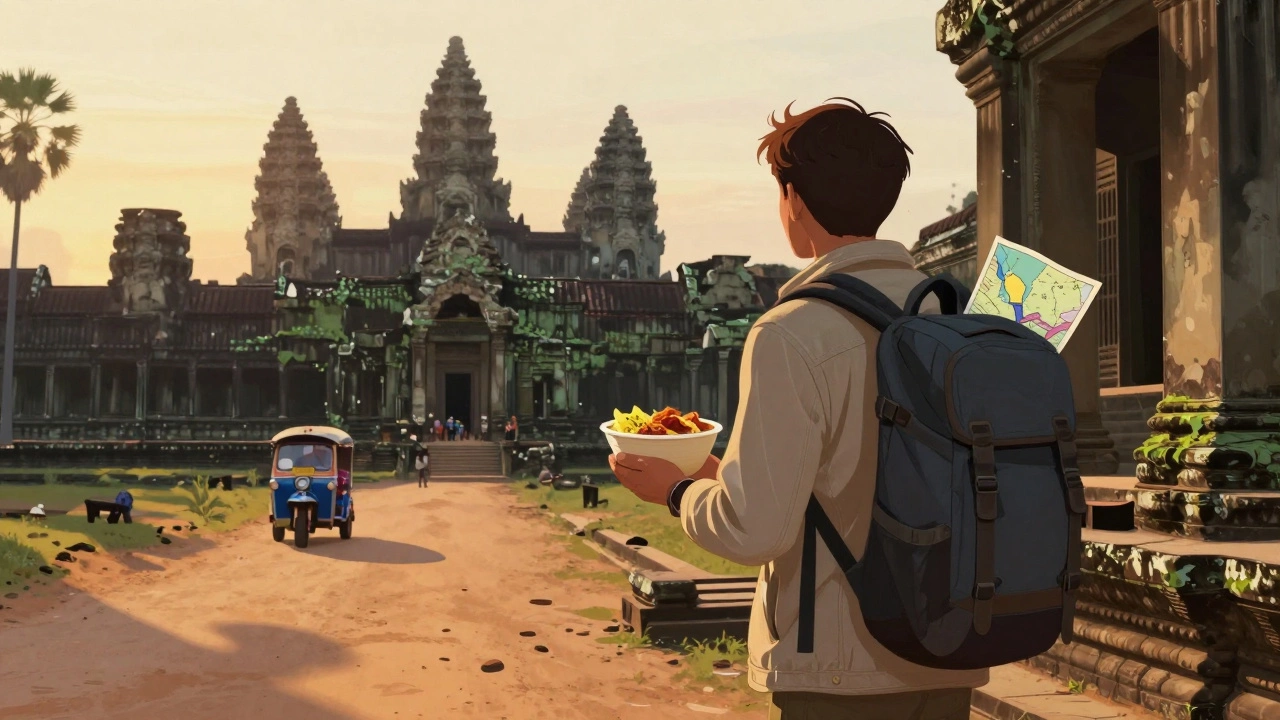 Бэкпекер на рассвете у храма Ангкор-Ват с местной едой, древние храмы за спиной.