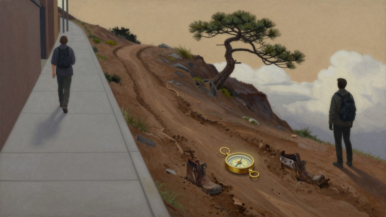 Два пути: городская тропа и лесная тропа — символизируют разницу между обычной ходьбой и хайкингом.