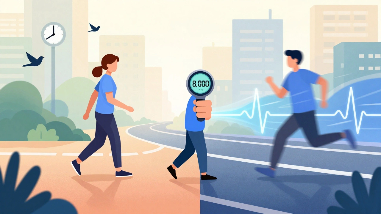 Два стиля ходьбы — медленная и быстрая — объединены в одном человеке, символизируя баланс здоровья и фитнеса.