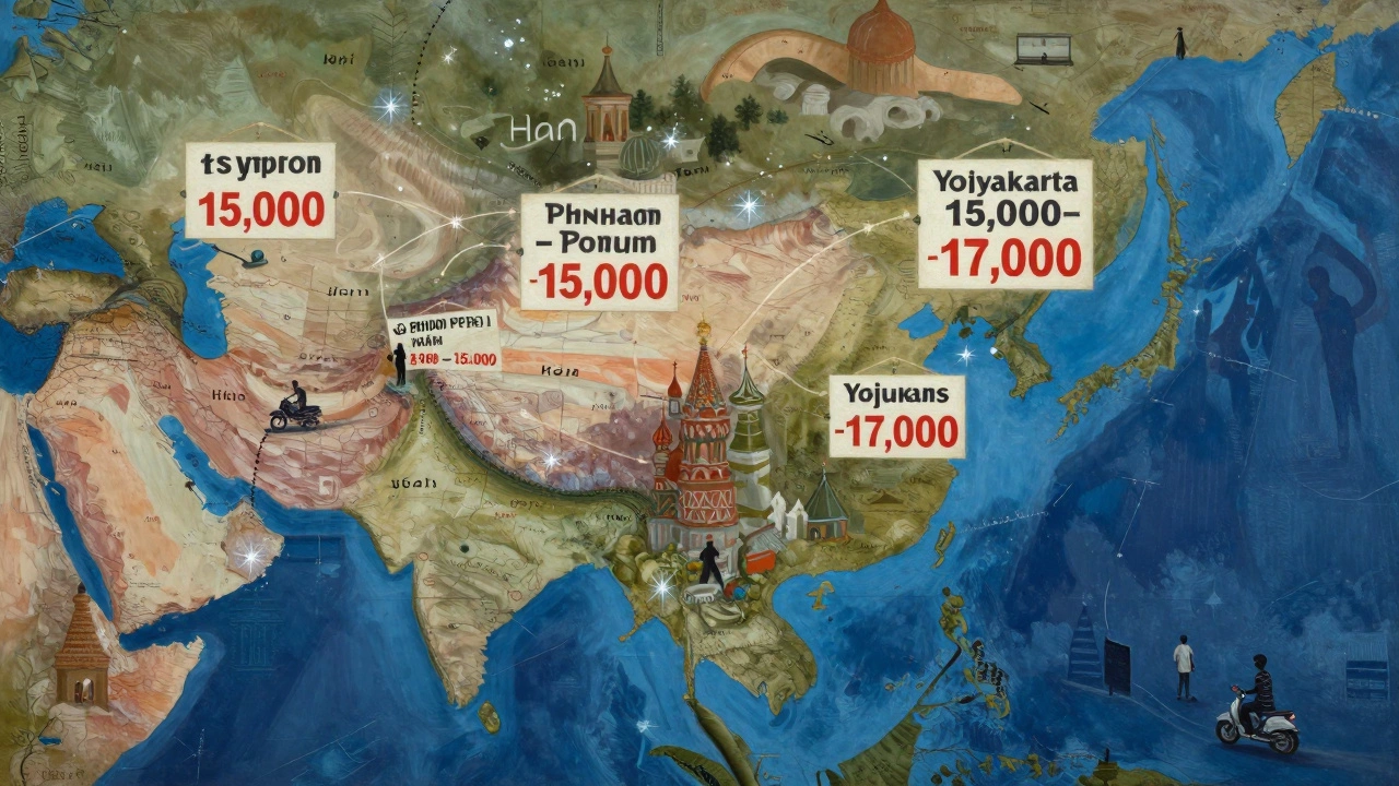 Карта Азии с ценами на авиабилеты из Москвы, соединёнными маршрутами к Ханою, Пномпеню и Йогьякарте.
