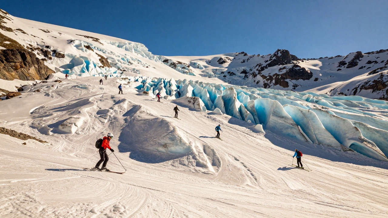 Ледниковый склон в Западном Вайтинге летом, лыжники на снегу