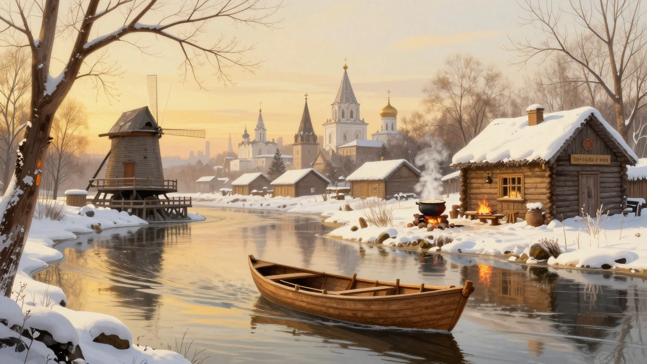 Лодка на Волге рядом с восстановленной водяной мельницей, за которой видны церкви Золотого кольца.