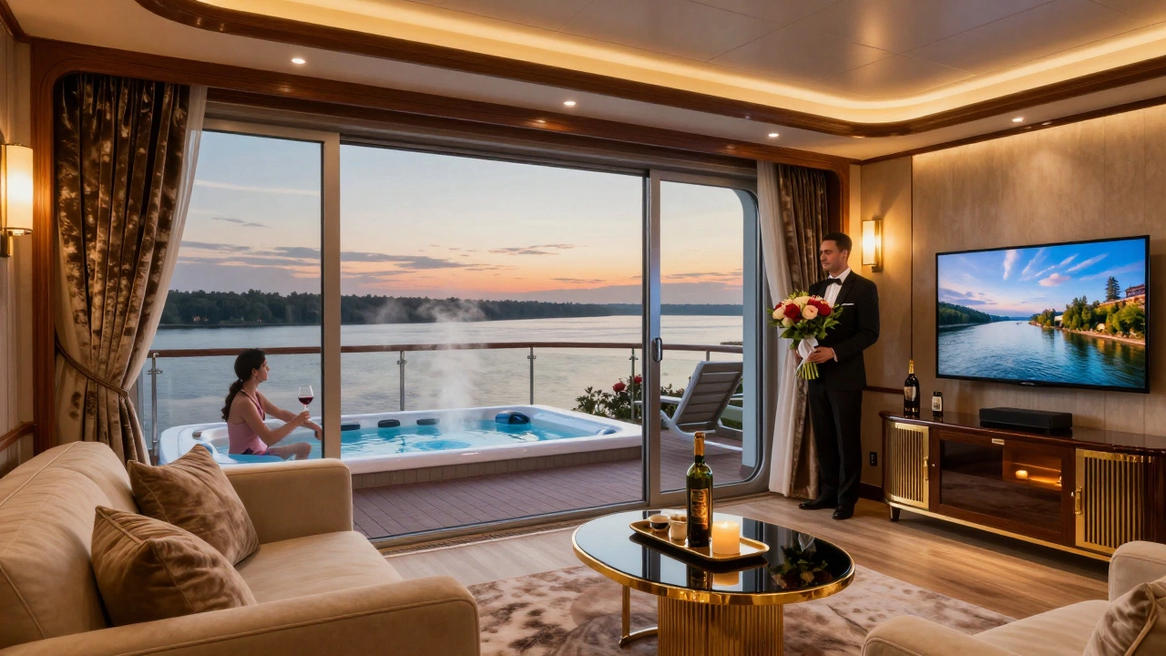 Люксовый каютный номер на круизном судне с балконом, пара пьёт вино на закате, джакузи и цветы.