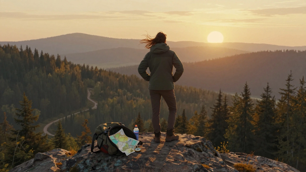 Одинокий турист на вершине холма в русском лесу смотрит на закат, за спиной рюкзак с картой и компасом.