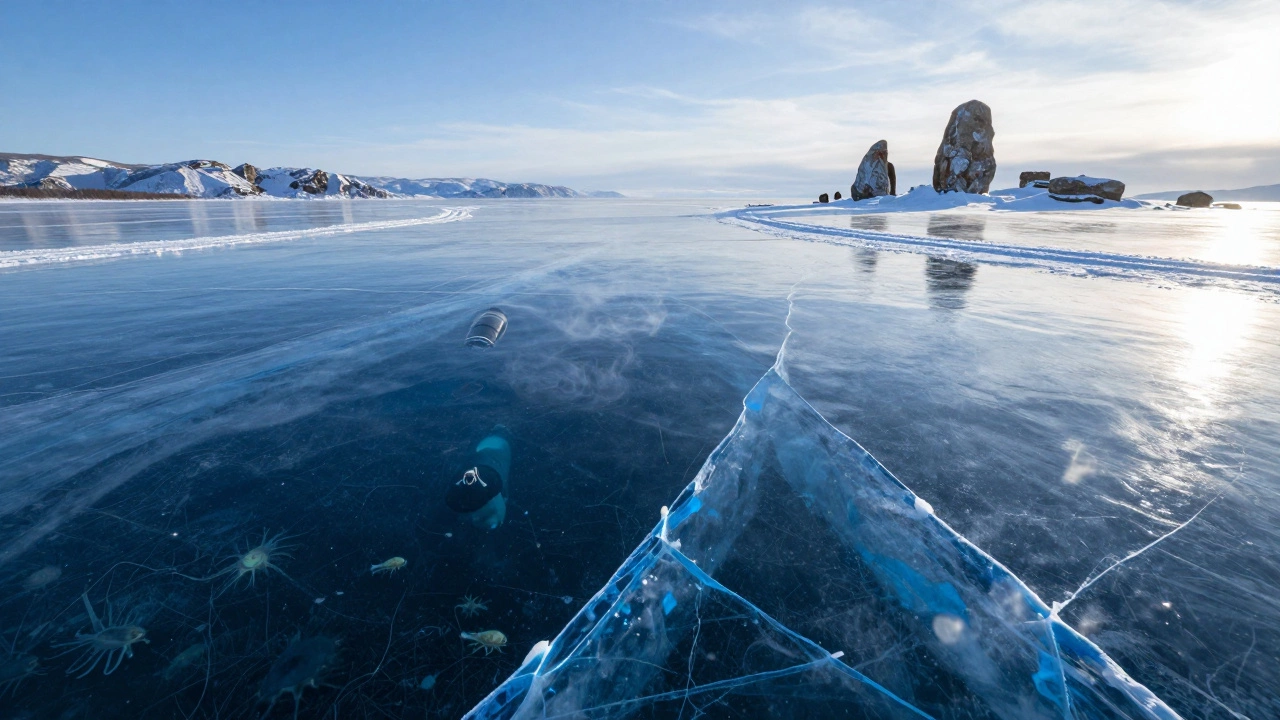 Прозрачный лёд Байкала с синими трещинами, под которым плывёт подводный аппарат.