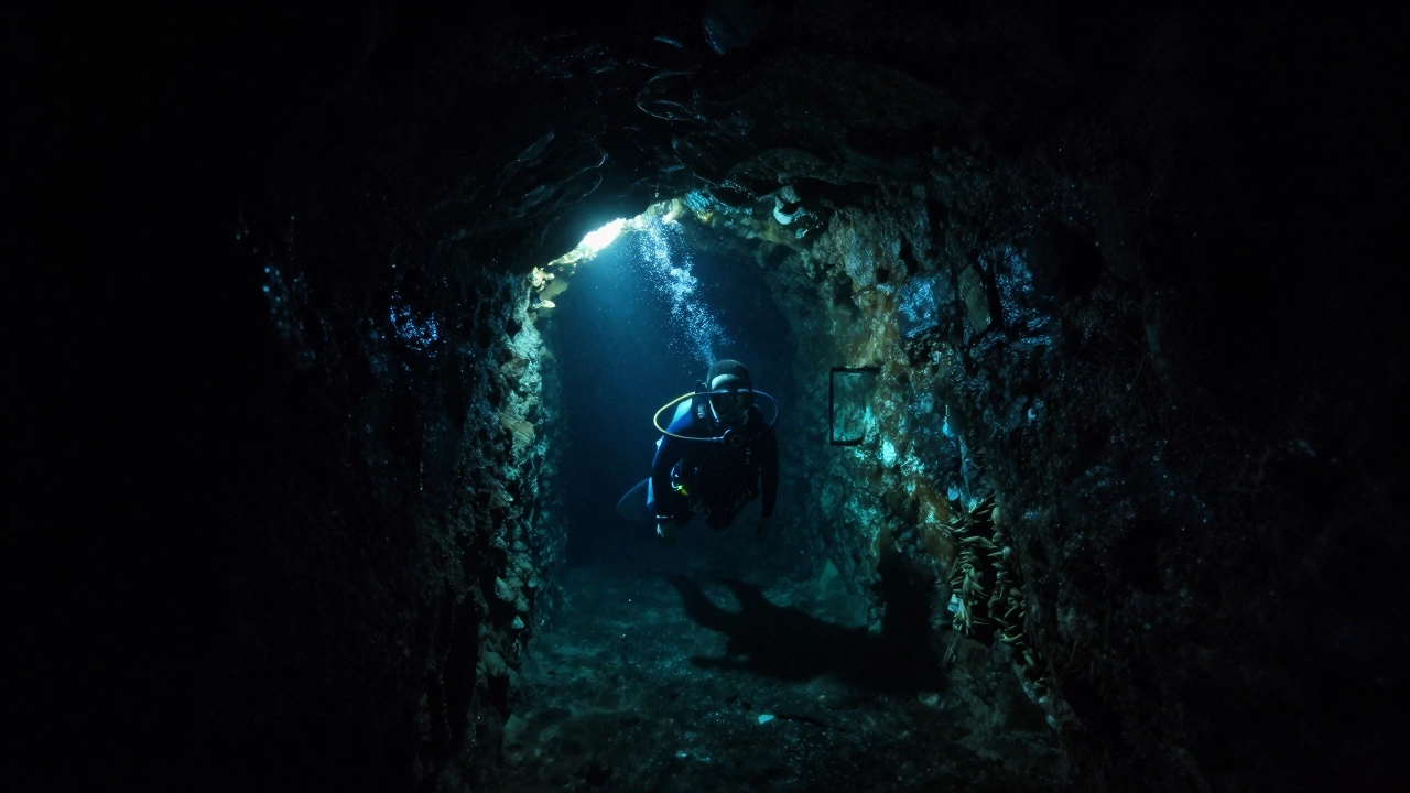 Скафандр в подводной пещере России, узкий проход, темная вода.