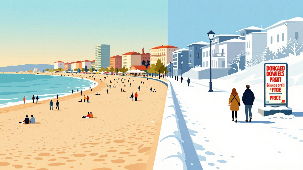 Сравнение: загруженный пляж в июле и пустой зимний набережная в Болгарии в феврале.