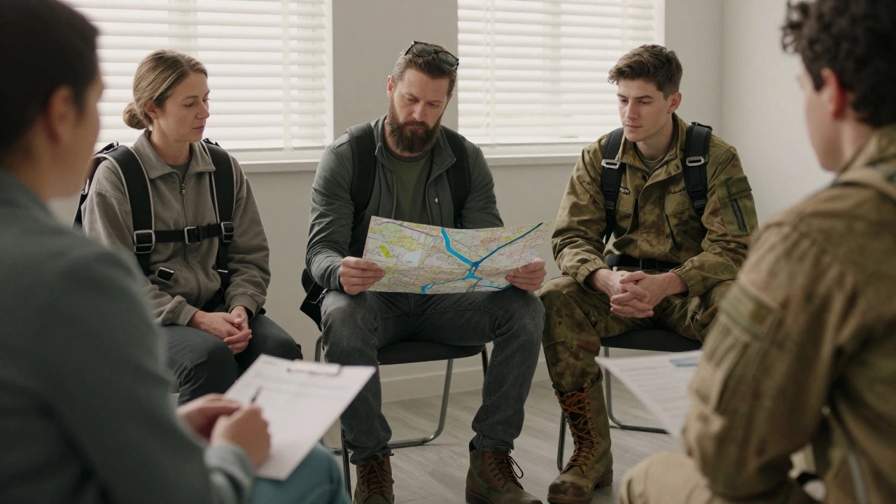 Трое людей в терапевтической комнате, слушают психолога — символ поиска баланса между риском и исцелением.