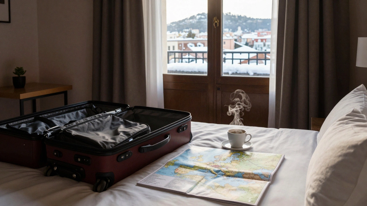 Уютный номер в Барселоне в феврале: чемодан, карта и чашка кофе у окна с видом на снежные холмы.