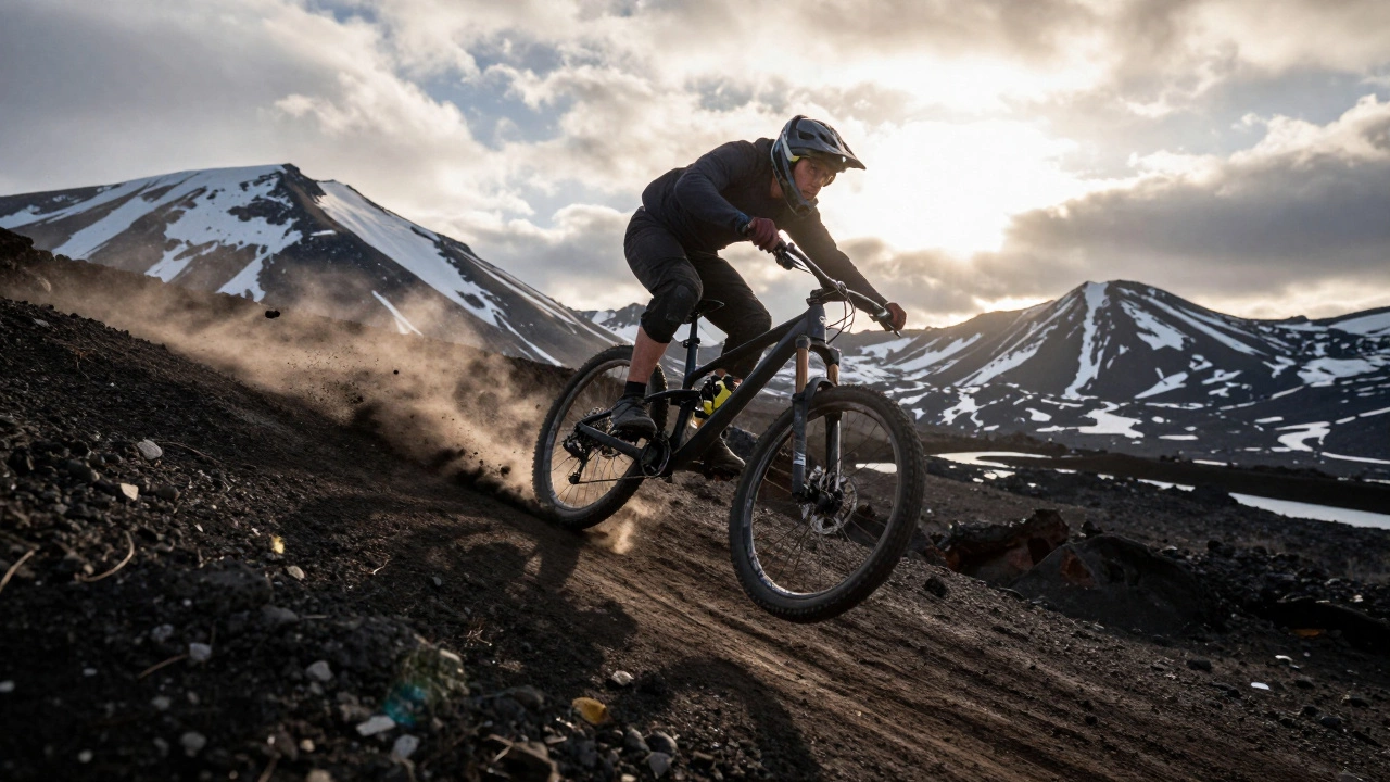 Велосипедист спускается с вулканического склона на Камчатке, пыль в воздухе.