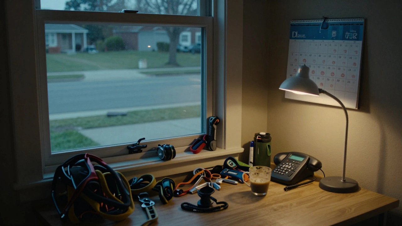 Запущенная комната с снаряжением для экстрима и незаполненным календарём, окно показывает спокойную улицу.