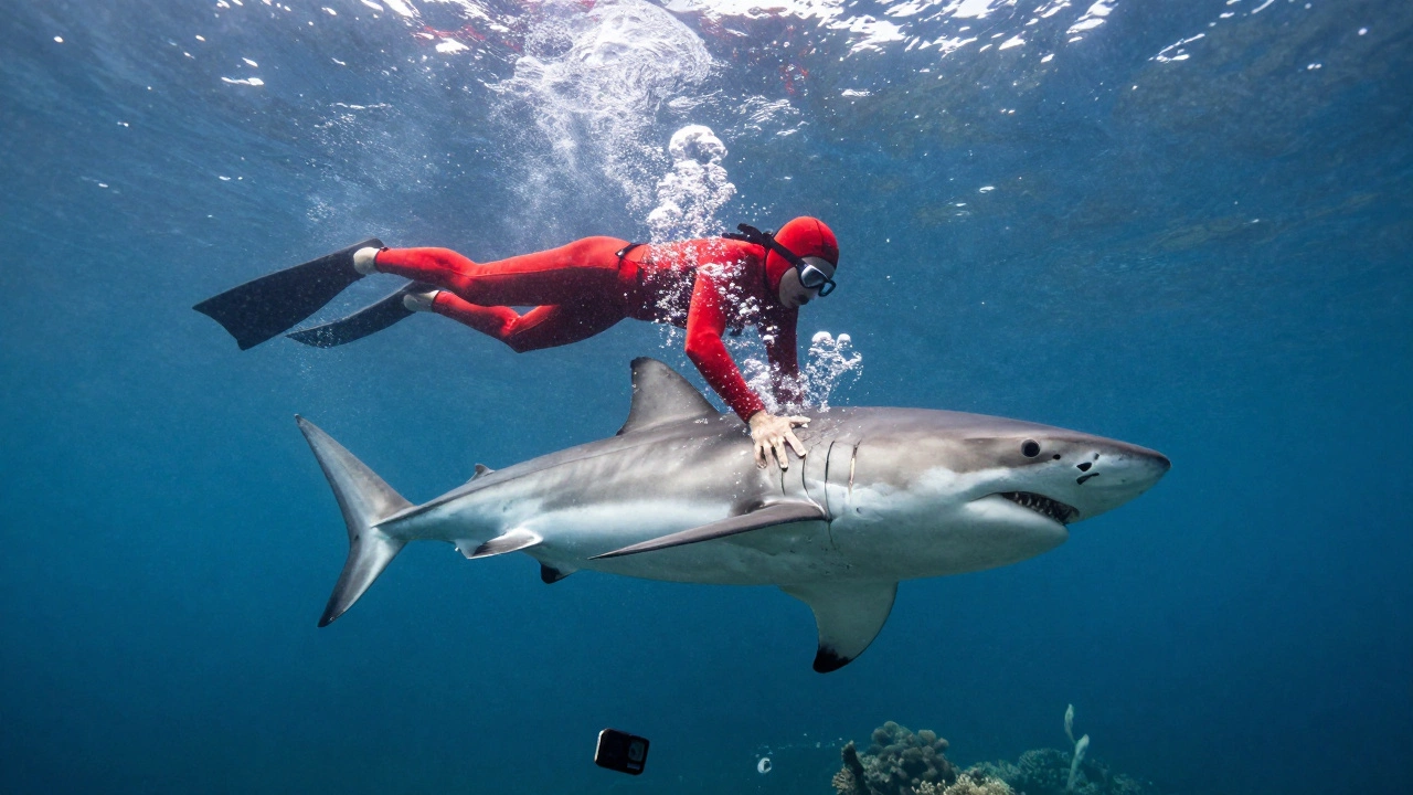 Акула атакует дайвера в красном костюме под водой, вокруг — пузыри и кровь.