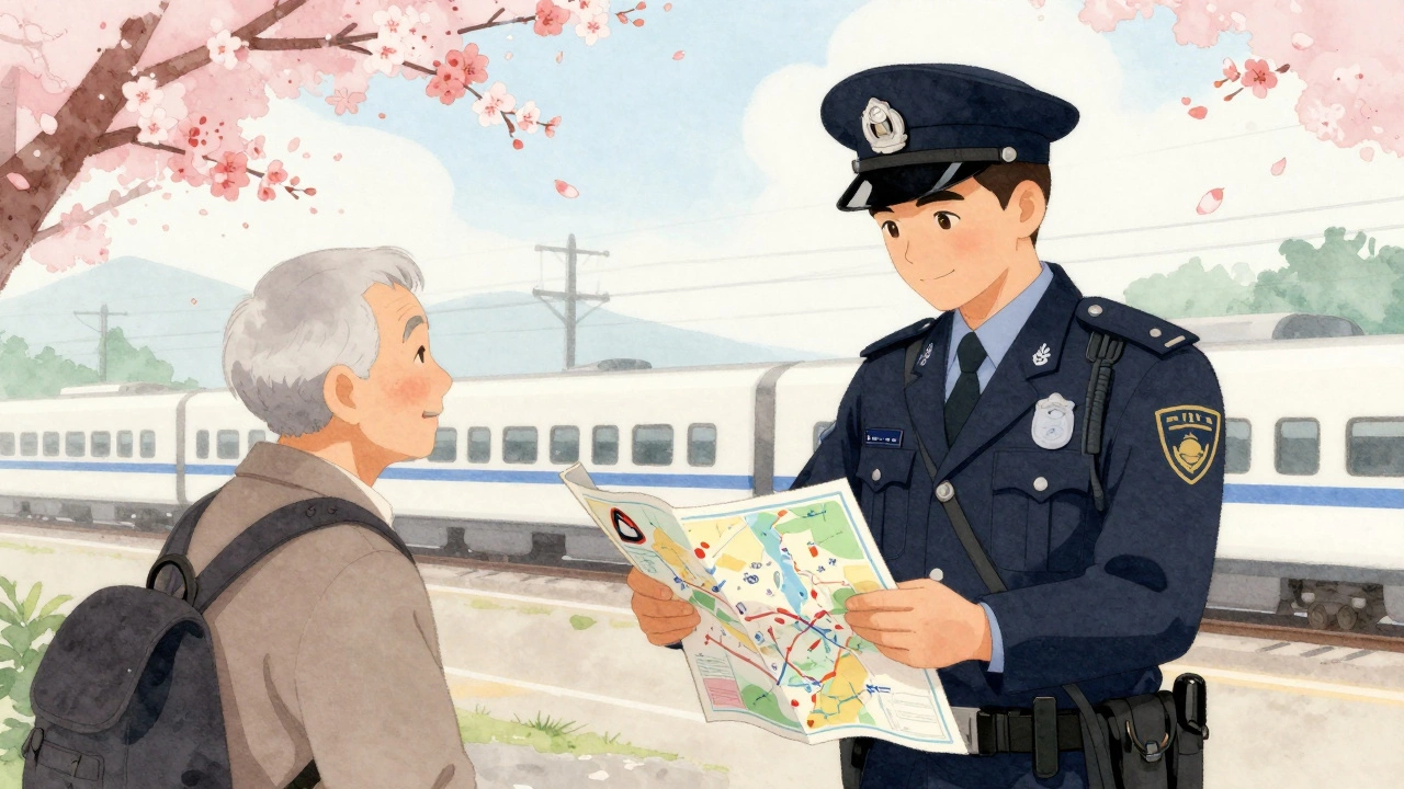Японский полицейский помогает туристу с картой, вокруг — цветущие сакуры и спокойная атмосфера.
