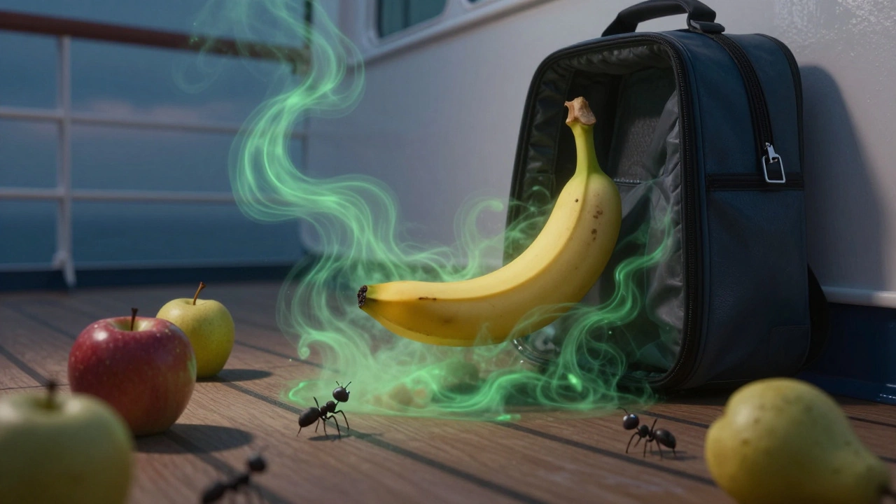 Банан падает на палубу круизного судна, привлекая муравьев и вызывая порчу других фруктов.