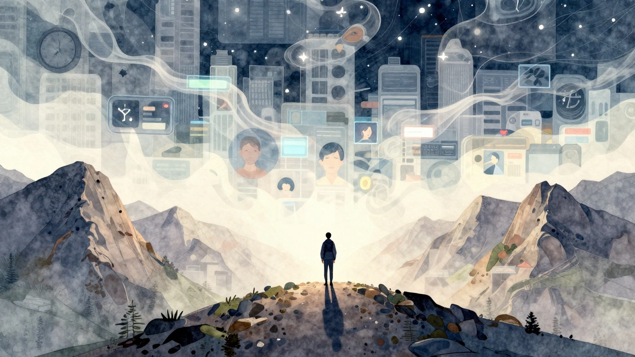 Человек у подножия горы, чьё тело очищается от городских символов, превращаясь в природу.