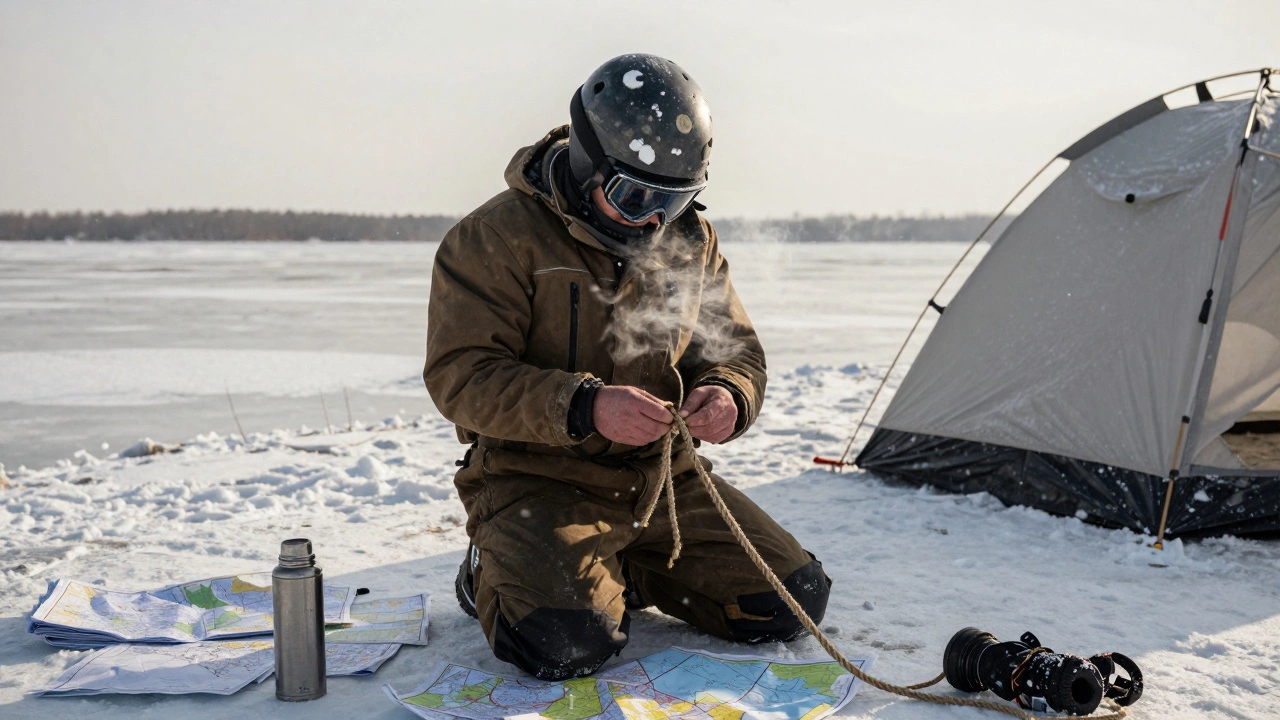 Экстремал чинит веревку на замерзшей реке в Сибири, вокруг — карты и снаряжение.
