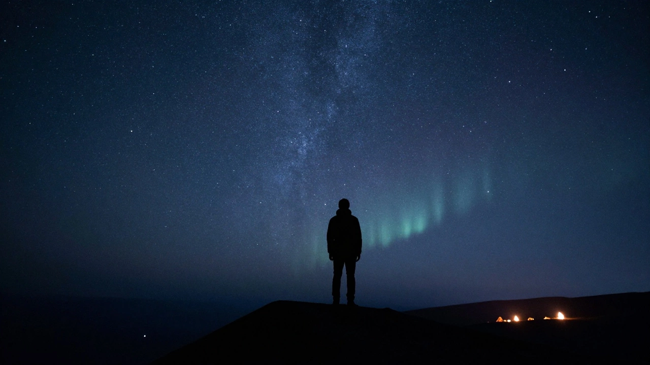 Фигура на вершине горы ночью под звёздным небом с едва заметной полярной зорей.