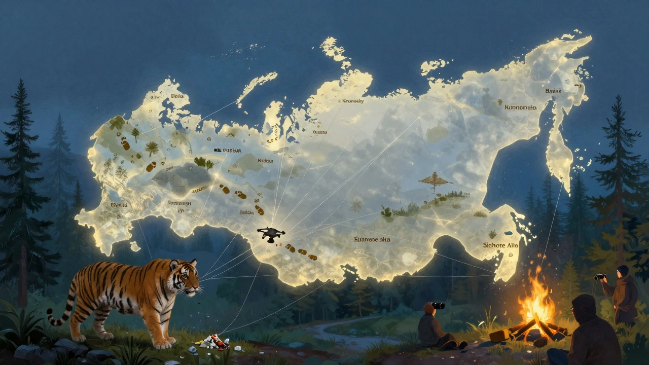 Голографическая карта российских заповедников с уязвимыми связями к амурскому тигру, символизирующая последствия нарушений.