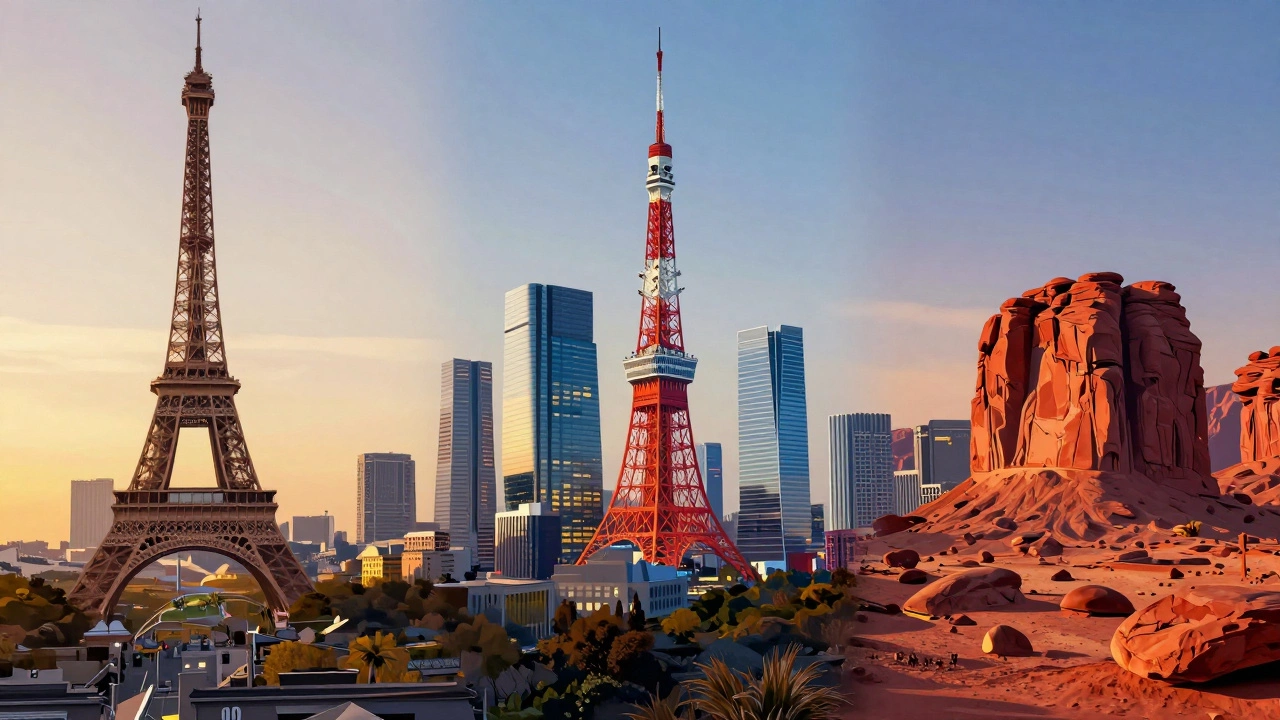 Художественное слияние небоскребов Парижа, Токио и каньонов пустыни США.