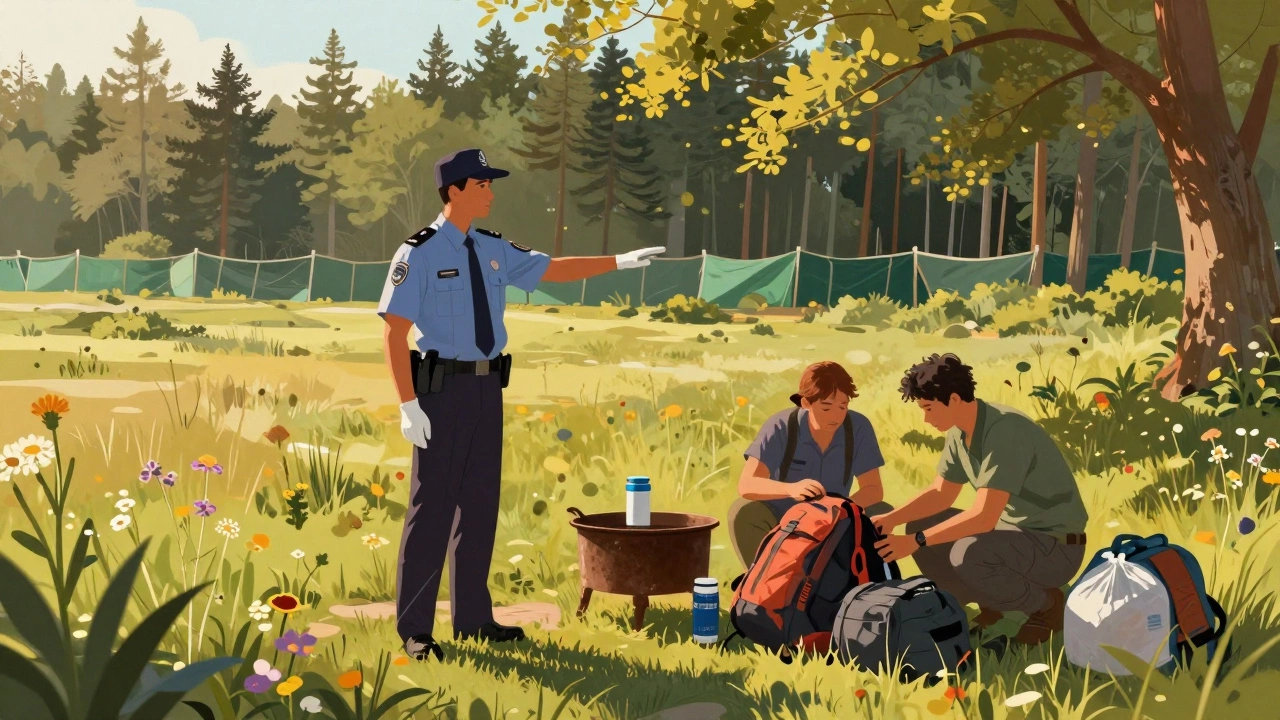 Инспектор объясняет правила разведения костра туристам