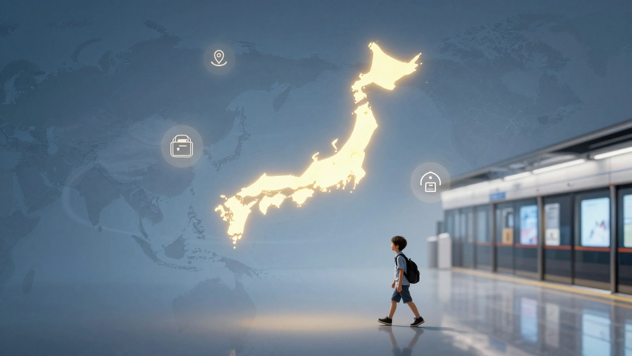 Карта Азии, где Япония и Сингапур светятся как самые безопасные страны, с символами доверия и порядка.