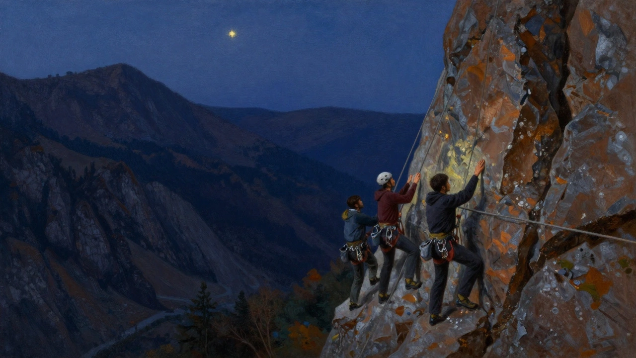 Клаймеры поднимаются по скале в Кавказе на закате, без страховки, в тишине вечера.