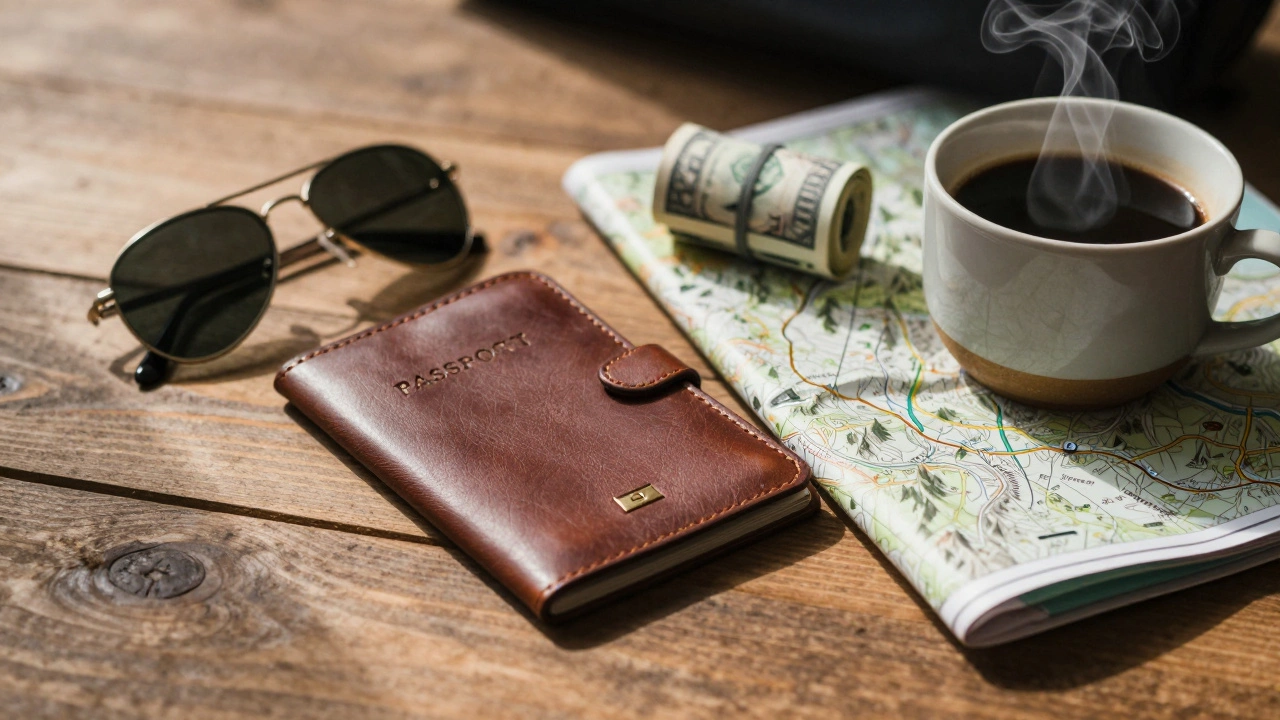 Путешественник собирает вещи: паспорт, очки и карта на столе