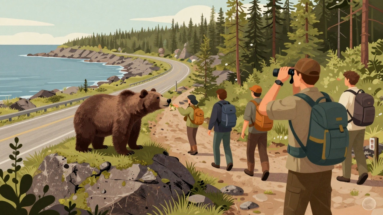 Работник заповедника наблюдает, как один турист кормит медведя, в то время как другие соблюдают правила.