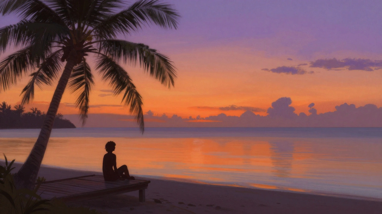 Силуэт человека на закате у океана, атмосфера спокойствия.