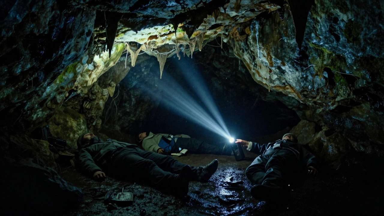 Трое туристов погибли в пещере без света и связи, стены вокруг полны трещин и влаги.