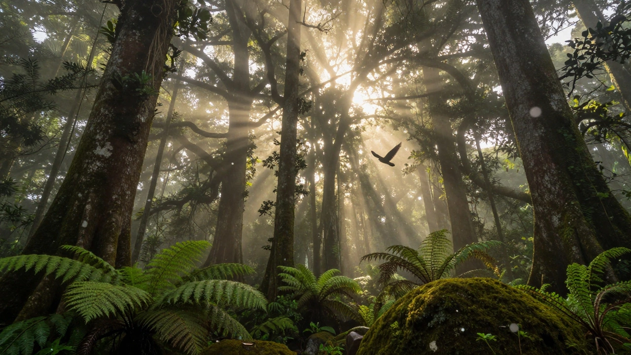 Тропический лес на полуострове Осо, Коста-Рика, с древними деревьями и утренним туманом.
