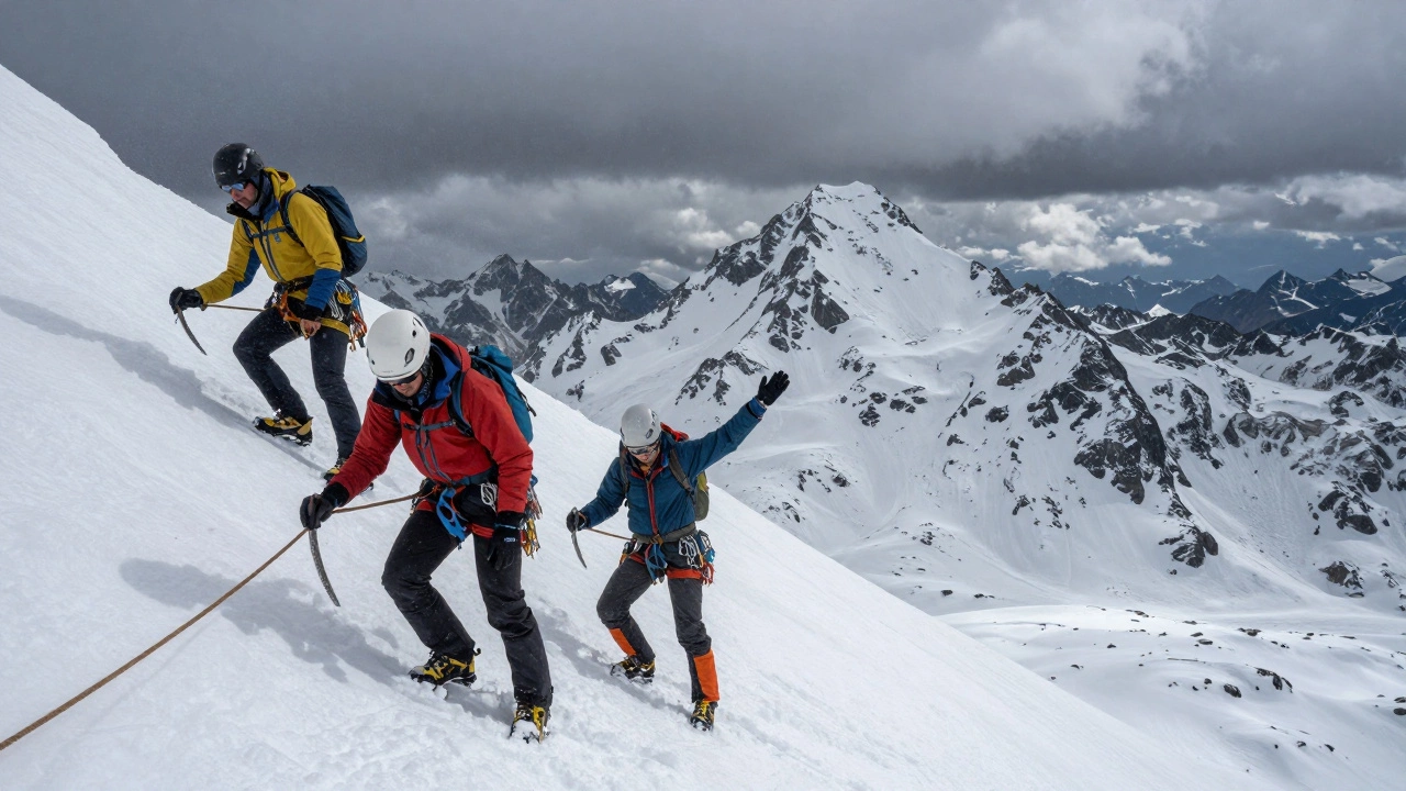 Восхождение на Эльбрус: альпинисты на высокогорном перевале с веревками и ледорубами.